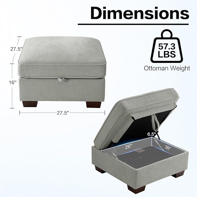 TEKAMON 27.5" Storage Ottoman, Square Footrest with Sponge Padded Seat, Chenille Fabric Step Stool for Sofa, Bedroom, Living Room, Entryway, Modern Change Shoes Stool, Wood Legs, (Light Grey)