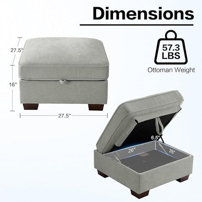 TEKAMON 27.5" Storage Ottoman, Square Footrest with Sponge Padded Seat, Chenille Fabric Step Stool for Sofa, Bedroom, Living Room, Entryway, Modern Change Shoes Stool, Wood Legs, (Light Grey)