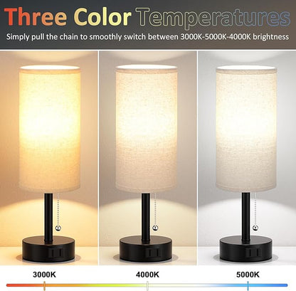 Fenmzee Bedside Table Lamps Set of 2-3 Color Temperatures Pull Chain Lamp with AC Outlet Charging Port, Round Night Stand Lamps for Bedroom Guest Room Office, Small Bed Side Light with E26 LED Bulbs