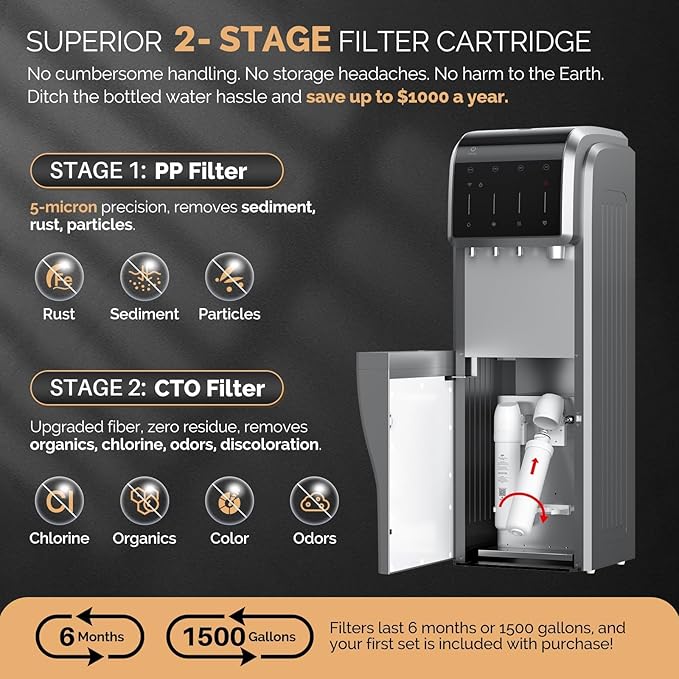 ICEPURE 6-in-1 Bottleless Water Cooler with Ice Maker with 2-Stage Filters, WiFi, Bullet and Crushed Ice, 35lbs/24H, Hot and Cold Water Dispenser Built-in Ice Machine, Child Lock, Stainless Steel