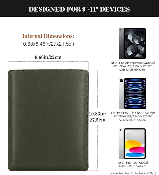MoKo 9-11 Inch Tablet Sleeve, PU Leather Briefcase Slim Stylish Case Fits New 11-inch iPad Pro M4/Air M2 2024, Air 5/4th 10.9, 10th Gen 10.9, 9/8. Gen 10.2, Tab S8/S9 11, Midnight Green