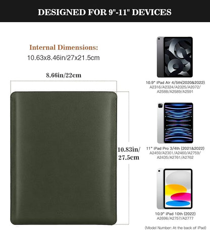 MoKo 9-11 Inch Tablet Sleeve, PU Leather Briefcase Slim Stylish Case Fits New 11-inch iPad Pro M4/Air M2 2024, Air 5/4th 10.9, 10th Gen 10.9, 9/8. Gen 10.2, Tab S8/S9 11, Midnight Green