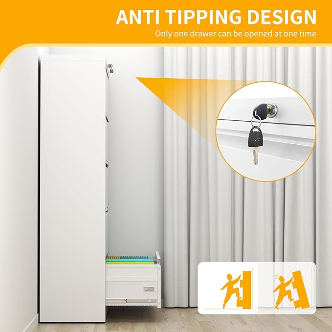 File Cabinet with Lock, 5 Drawer Lateral Filing Cabinet for Home Office, White Metal Heavy Duty File Cabinets for Hanging Letter/Legal/F4/A4 Size Files, Assembly Required