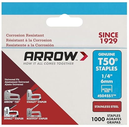 Arrow Fastener 504SS1 Heavy Duty T50 Stainless Steel Staples for Upholstery, Construction, Furniture, Crafts, 1/4-Inch Leg Length, 3/8-Inch Crown Size,1000-Pack