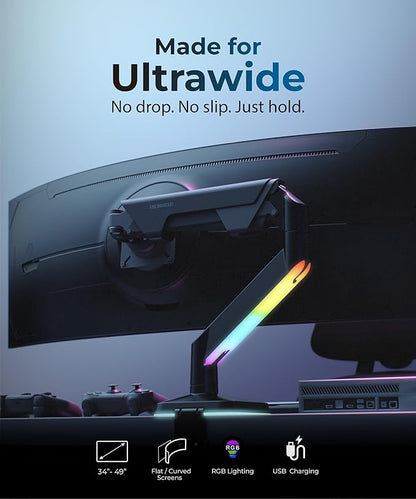 Heavy Duty Ultrawide Monitor Arm with RGB Lighting & USB Charging, Fits 34 to 49 inch Curved Screens, Supports 14 to 38 lbs, Adjustable Desk Mount, Compatible with Gaming Setup, White