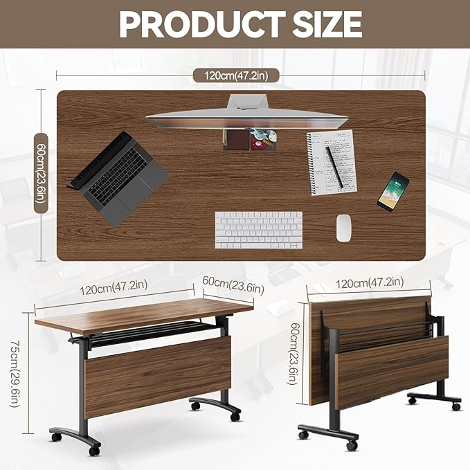 Conference Table Folding Conference Room Tables, Modern Mobile Meeting Training Table with Silent Wheels, Foldable Seminar Table for Offices, Classrooms, Libraries (4, Walnut, 47.2in)