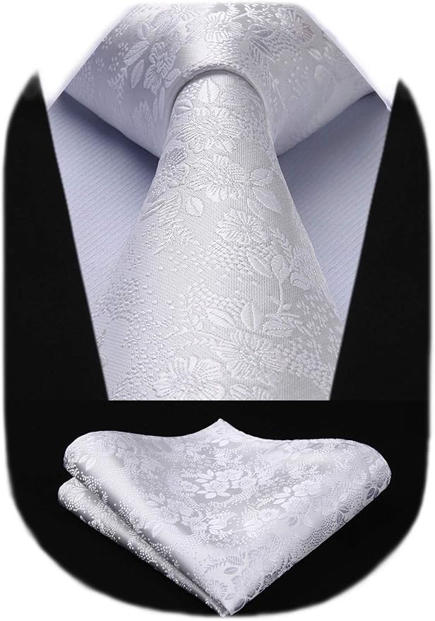 HISDERN Men Floral Ties Woven Classic 3.4" Necktie Set Formal Tie Pocket Square for Wedding with Handkerchief Gift Box