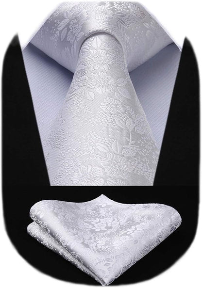 HISDERN Men Floral Ties Woven Classic 3.4" Necktie Set Formal Tie Pocket Square for Wedding with Handkerchief Gift Box