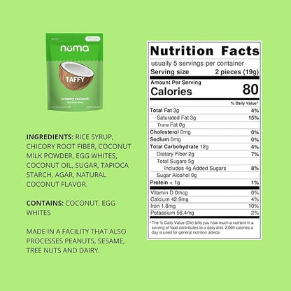 Numa Foods Creamy Coconut Taffy Candy – Dairy Free, Low Sugar Candy - Low Calorie & Natural Chewy Snack with Real MCT-Rich Coconut Milk, Gluten Free – 3 Bags with 10 Individually Wrapped Chews Each
