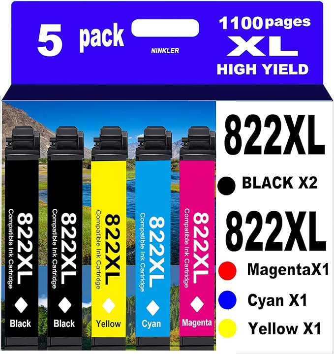 822XL Remanufactured for Epson 822XL Ink Cartridges for 822 XL T822 Workforce Pro WF-3820 WF-3823 WF-4820 WF-4830 WF-4833 WF-4834 Printer 5 Pack 2 Black 1 Cyan 1 Magenta 1 Yellow