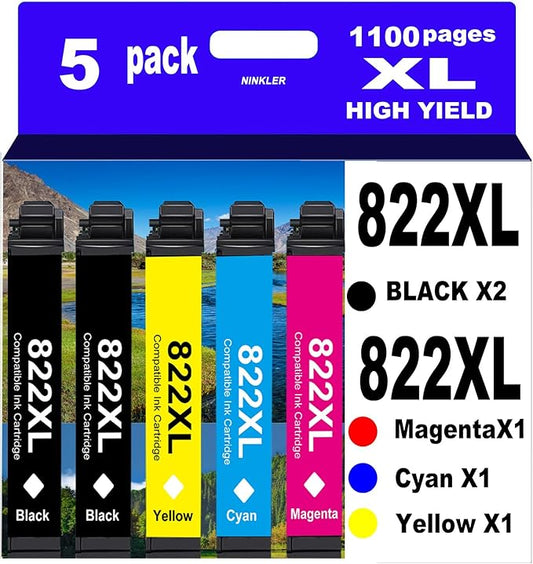 822XL Remanufactured for Epson 822XL Ink Cartridges for 822 XL T822 Workforce Pro WF-3820 WF-3823 WF-4820 WF-4830 WF-4833 WF-4834 Printer 5 Pack 2 Black 1 Cyan 1 Magenta 1 Yellow