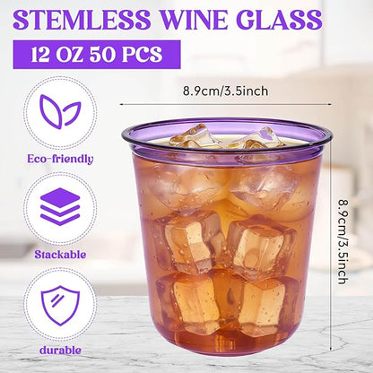 Disposable Stemless Glasses 12oz Crystal Plastic Wine Glasses Clear Classic Pet Cup for Meeting Weddings Birthdays Cocktail Christmas Party Supplies (Purple,50 Pcs)