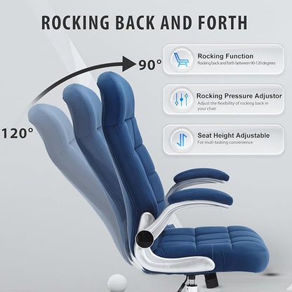 Fabric Office Chair, Velvet High Back Executive Desk Chair with Flip-Up Arms, Ergonomic Office Chairs with Lumbar Support, Upholstered Home Computer Chair with Wheels,Blue