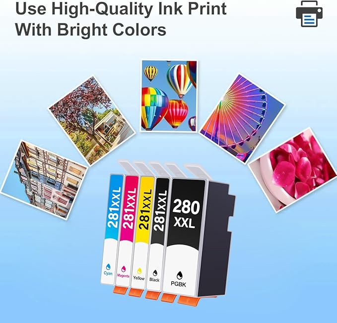280XXL 281XXL Ink Cartridges 5 Pack High Yield Replacement for Cartridges PGI-280XXL CLI-281XXL for TR8520 Ink Cartridges for Pixma TR8620 TS6320 TR7520 TS6120 TS6220 TS8220 TS9520 TS9521C