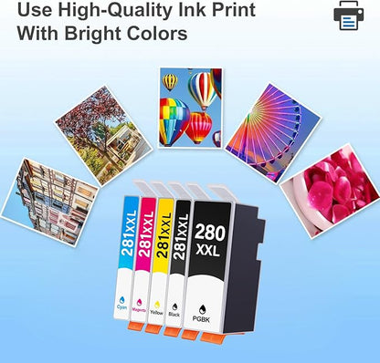 280XXL 281XXL Ink Cartridges 5 Pack High Yield Replacement for Cartridges PGI-280XXL CLI-281XXL for TR8520 Ink Cartridges for Pixma TR8620 TS6320 TR7520 TS6120 TS6220 TS8220 TS9520 TS9521C