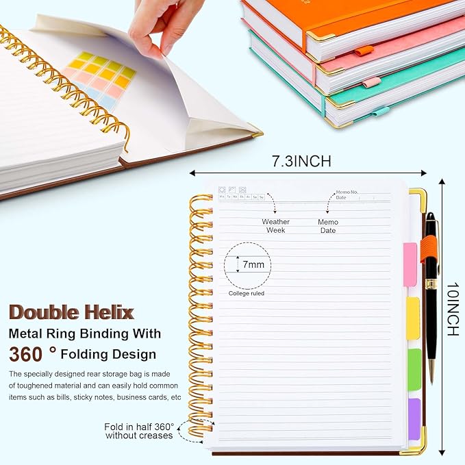 Hardcover Spiral Notebook 8"x10" Journal Notebook with Tabs and Removable Dividers 300 Pages 5 Subject Notebook College Ruled, Faux Leather Spiral Bound Notebook for Women School Work (Brown)