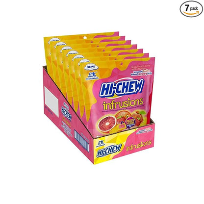 HI-CHEW Infrusions Blood Orange, Stawberry, Peach, 7 Mini Stand Up Pouches, 4.24oz each - Fun Soft & Chewy Candy - Immensely Juicy Fruity Flavors - Individually Wrapped Sharing Candy