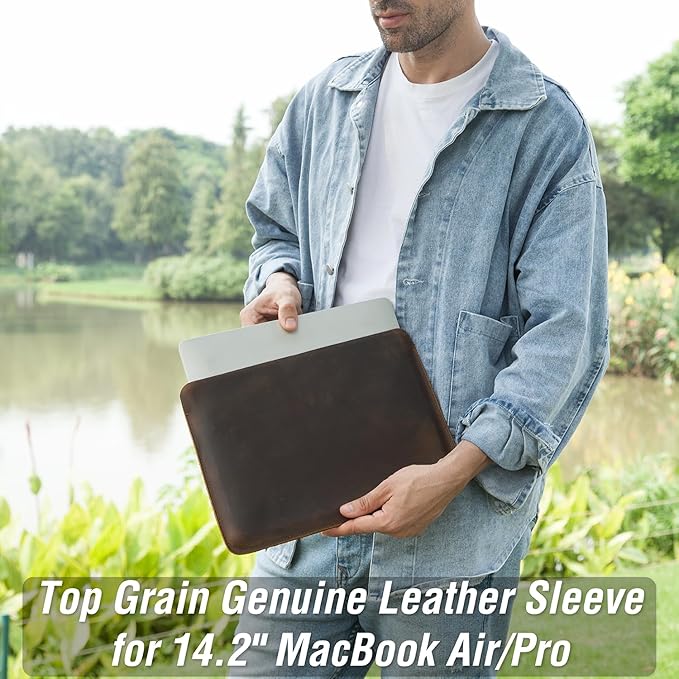 Top Grain Leather 14.2" Laptop Sleeve Case, Fit Design, Compatible with MacBook Air 13" M2 A2681 M1 A2337 A2179 A1932/Pro 13" M2 A2338 A2251 A2289 A2159 A1989 A1706 A1708, Coffee 14.2 Inch