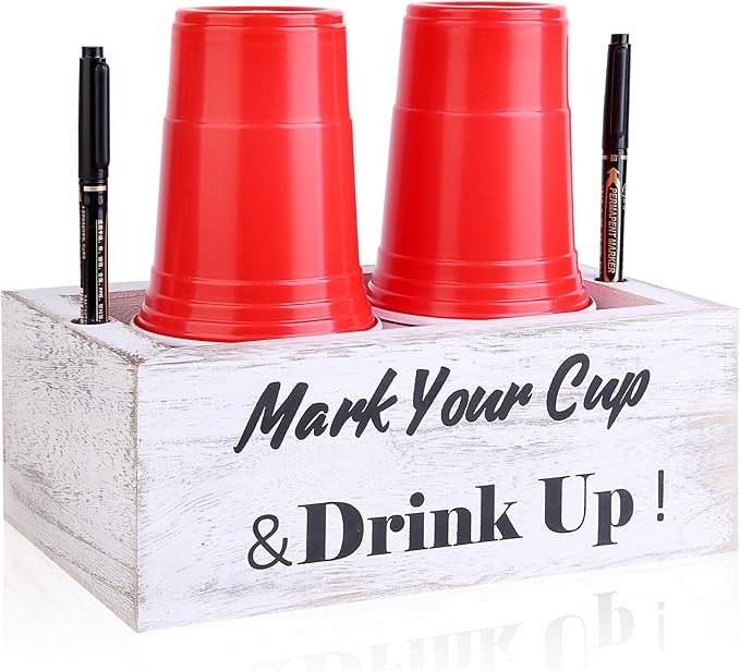 Wooden Cup Holder with Marker Slot, Disposable Cup Dispenser with Marker for Party, Family Gathering & Holiday Events