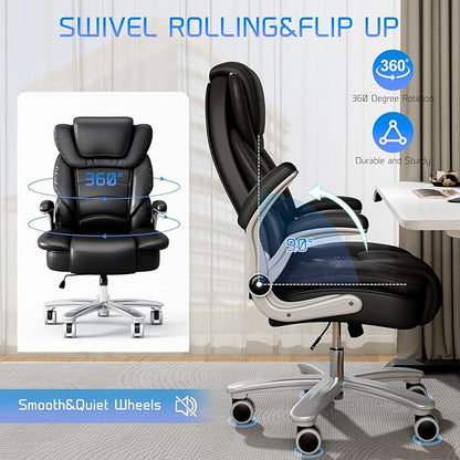 GYI Big and Tall Office Chair 400lb Wide Seat, Ergonomic High Back Leather Executive Desk Chair with Flip-up Arms, Black