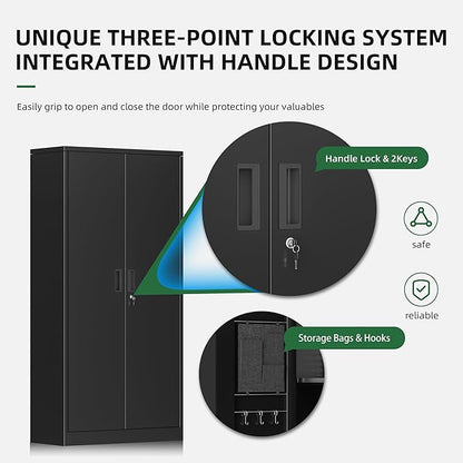 Greenvelly Storage Cabinet with Pegboard,72" Black Garage Steel Locking Cabinet with Doors and 4 Adjustable Shelves,Metal Garage Cabinet for Home Office,Pantry,School(36" Wx18 D)