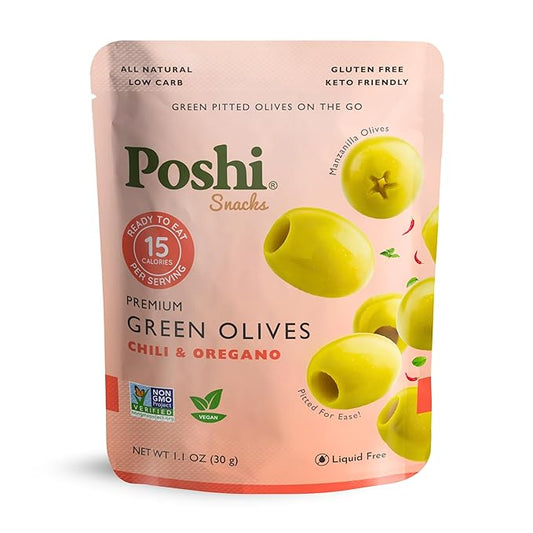 POSHI Green Pitted Olives - Chili & Oregano | Vegan, Kosher, Gluten Free + Keto Friendly, Fresh, All Natural Low Calorie Healthy Snacks | (30 Pack, 1.1oz Bags)
