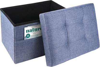 Storage Ottoman,Folding Ottomans with Storage,Linen Ottoman Foot Rest with Pocket,Foot Stool with Thicker Foam Padded for Living Room,Bedroom,Office,Dorm,287 lb Load Capacity,17x13x13in,Blue