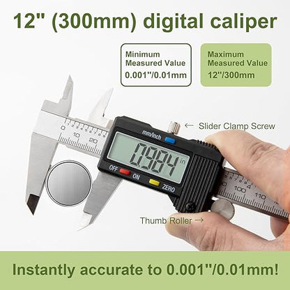 Digital Caliper 0-12" Measuring Tool with Metal Ruler, Micrometer Caliper with Auto-Off Feature, Interchangeable Between inches and millimeters for DIY/Household and 3D Printing, Black