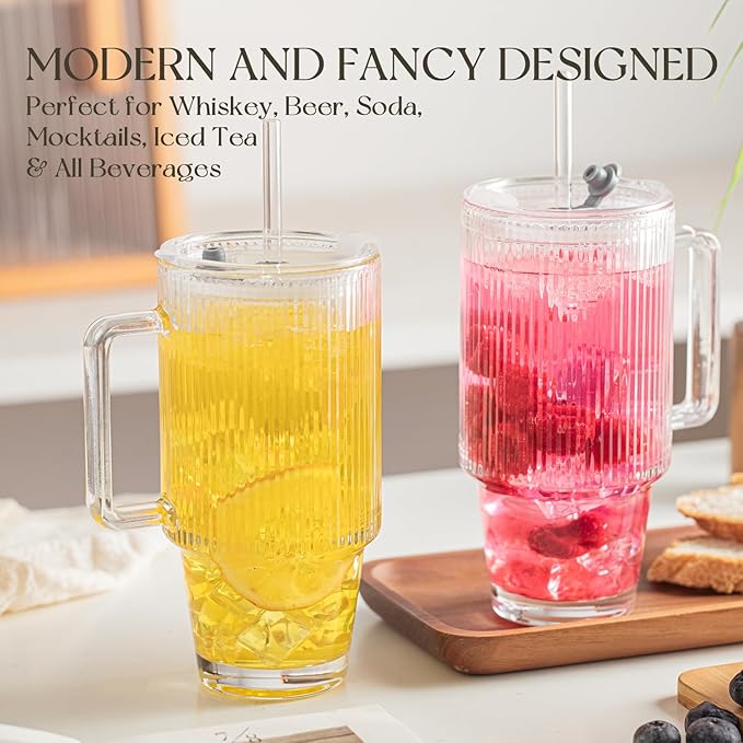 24oz Ribbed Glass Cups with Lids and Straws,Glass Tumbler with Handle,2 set–Reusable Glass Ice Coffee Cups with Lid and Straw for Smoothies,Tea,Juice,Boba Cup for Cold & Hot Drinks,Travel Cup