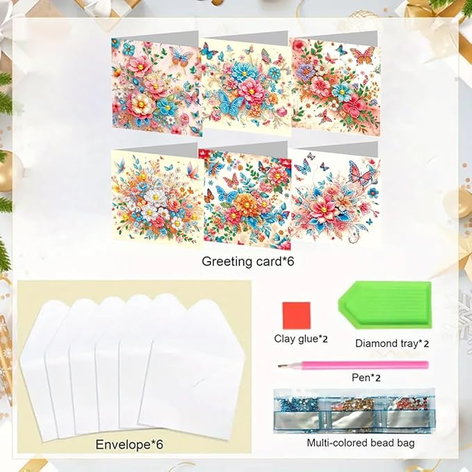 6pcs DIY Flower Butterfly Diamond Art Painting Greeting Cards Kit, Rhinestone Art Holiday Birthday Card Set with Envelopes, DIY Festival Craft for Girlfriend, Christmas Valentine Gift Making Supplies