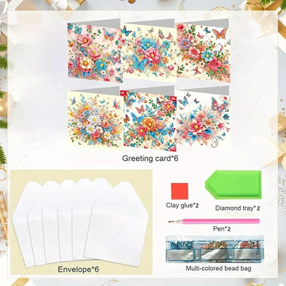6pcs DIY Flower Butterfly Diamond Art Painting Greeting Cards Kit, Rhinestone Art Holiday Birthday Card Set with Envelopes, DIY Festival Craft for Girlfriend, Christmas Valentine Gift Making Supplies