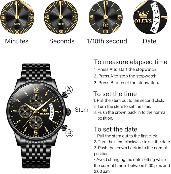 OLEVS Men's Stainless Steel Chronograph Watch, Big Face Gold Silver Black Tone Easy to Read Analog Quartz Watch, Luxury Waterproof Date Diamond Roman Arabic Numerals Dial Dress Watch for Men