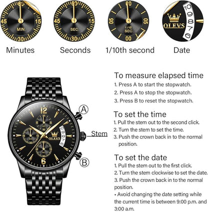 OLEVS Men's Stainless Steel Chronograph Watch, Big Face Gold Silver Black Tone Easy to Read Analog Quartz Watch, Luxury Waterproof Date Diamond Roman Arabic Numerals Dial Dress Watch for Men