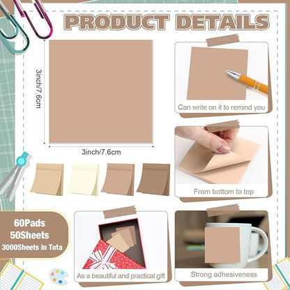 Fainne 60 Pack Sticky Notes Bulk Back to School Supplies Self Stick Note Pads Paper Memo for Office First Day of School Student Teacher Essentials (3x3inch,Vintage Colors)