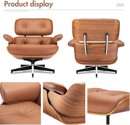 Mid Century Chaise Lounge Chair with Ottoman, Top Black Grain Leather, Modern Office Chair Classic Design, Heavy Duty Base Support for Living Room Study Lounge Office