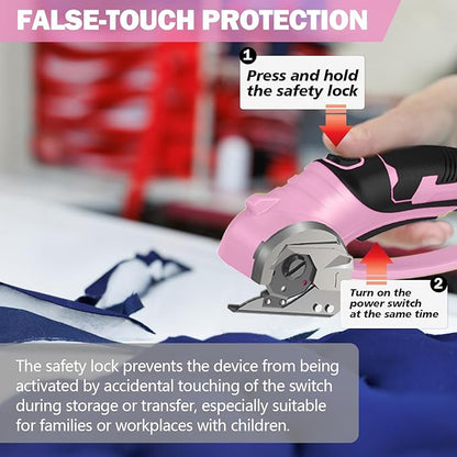 Cordless Electric Scissors, 4V Box Cutter & Cardboard Cutter with Upgrade Blade, LED Light, Safety Lock - Rechargeable Rotary Cutter for Fabric, Leather, Plastic, Crafting, Sewing, Industrial (Pink)
