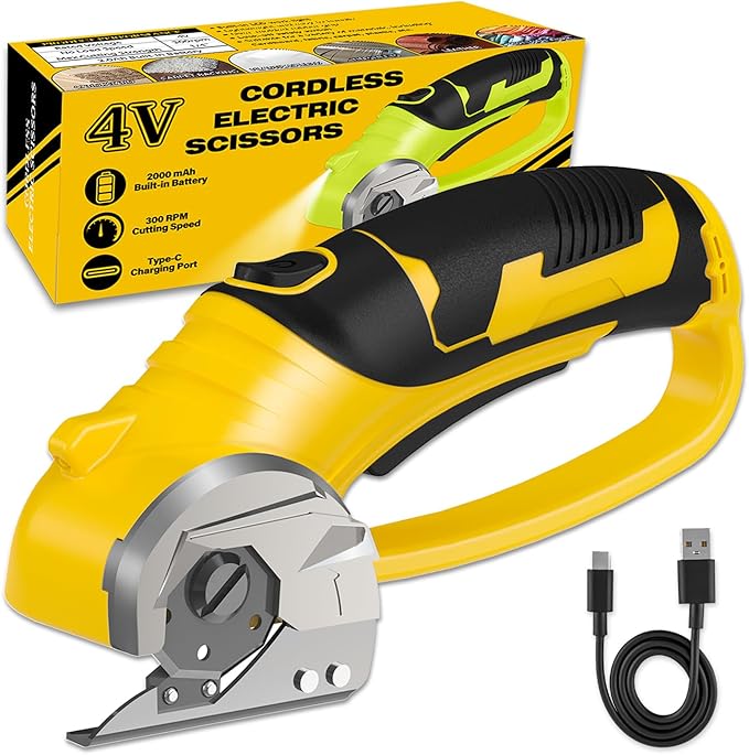 Cordless Electric Scissors, 4V Box Cutter & Cardboard Cutter with Upgrade Blade, LED Light, Safety Lock - Rechargeable Rotary Cutter for Fabric, Leather, Plastic, Crafting, Sewing, Industrial (Yellow)