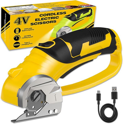 Cordless Electric Scissors, 4V Box Cutter & Cardboard Cutter with Upgrade Blade, LED Light, Safety Lock - Rechargeable Rotary Cutter for Fabric, Leather, Plastic, Crafting, Sewing, Industrial (Yellow)