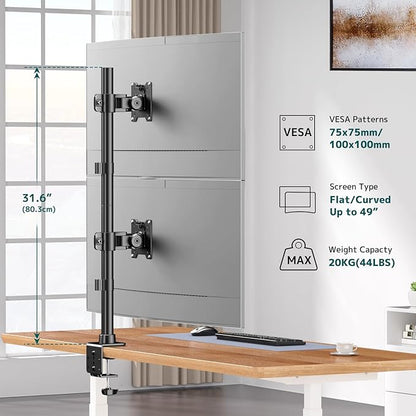Dual Vertically Stacked Ultrawide Monitor Desk Mount 17-49 Inch - Extra Tall Heavy Duty Adjustable Monitor Arm for 2 monitores,Weight 2-20 kg per Arm,VESA 75/100 mm