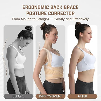 Posture Corrector for Women & Men, Adjustable Back Brace Shoulder Straightener with Full Back Support for Upper & Lower Back Pain, Spine Alignment, Hunchback, Scoliosis Relief (Large, Beige)