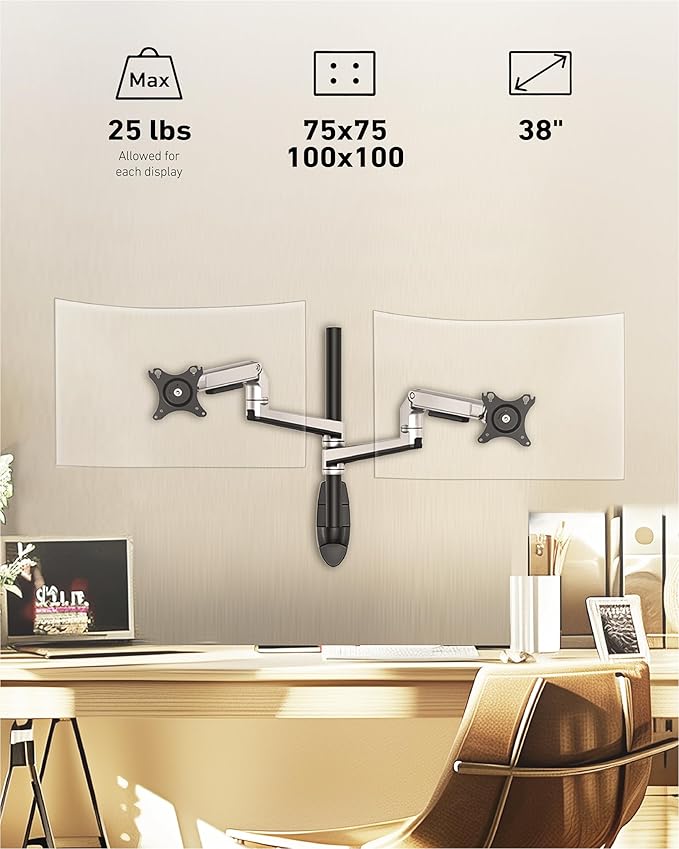 Dual Monitor Wall Mount for Flat or Curved Screens up to 38" Within 25 lbs, Adjustable Monitor Arm with Cable Management, VESA 75x75/100x100mm Monitor Mount for 2 Monitors, Silver