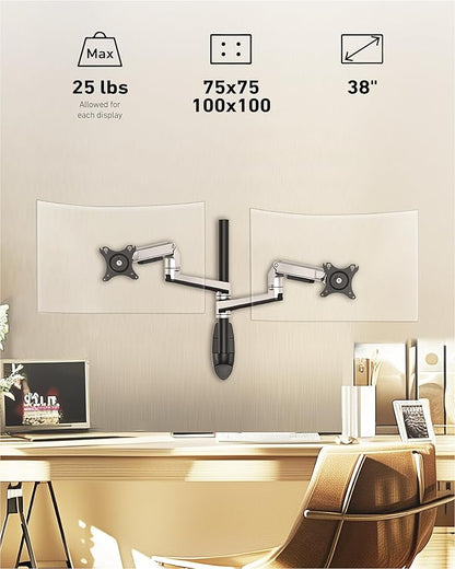 Dual Monitor Wall Mount for Flat or Curved Screens up to 38" Within 25 lbs, Adjustable Monitor Arm with Cable Management, VESA 75x75/100x100mm Monitor Mount for 2 Monitors, Silver