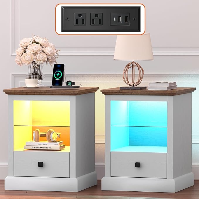 Rresyet White End Table Set of 2, Living Room Side Tables with LED Lights & Charging Station & Adjustable Shelf, Storage End Tables with Drawer, Bedroom Nightstands