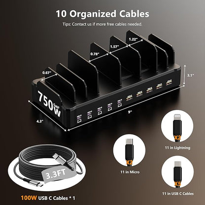 750W Charging Station for Multiple Devices, Zobirez 10-Port Fast Charger, 5 USB-C 120W Each and 5 USB-A 30W Each, Desktop Charging Hub for Laptop Phone Tablet, Black