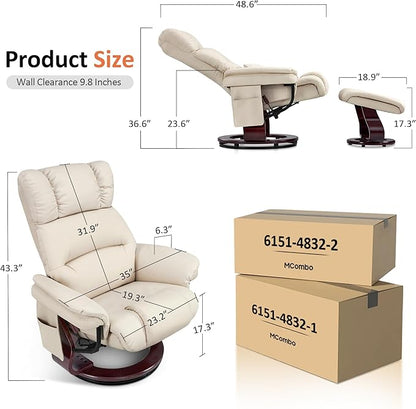 MCombo Swivel Recliners with Ottoman, Reclining TV Chairs with Vibration Massage, Faux Leather Ergonomic Lounge Chair for Living Room Bedroom 4832 (Cream White)