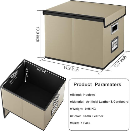 Huolewa Faux Leather File Organizer Box with Lid, Collapsible Hanging File Folder Box Organizer with Plastic Slides, Decorative Home/Office Filing System Boxes for File and Folder Storage-Khaki
