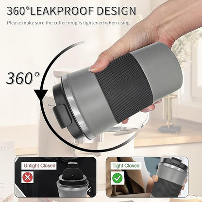 YINBAOGE Insulated Travel Coffee Mug, Spill & Leak Proof, Portable To Go Camping Stainless Steel Coffee Tumbler, Reusable Thermal Coffee Cup with Lid for Hot & Cold Drinks (Grey, 17 OZ)