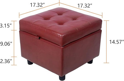 H&B Luxuries Tufted Leather Square Flip Top Storage Ottoman Cube Foot Rest (Red with Storage)