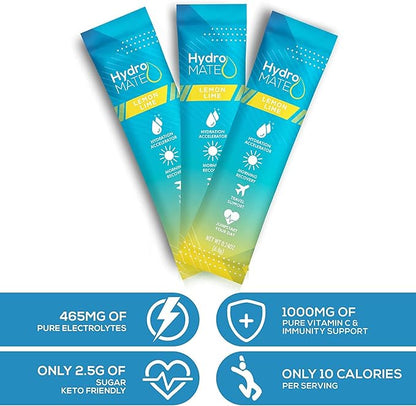 HydroMATE Electrolyte Powder Lemon Lime Hydration Packets Low Sugar 30 Count