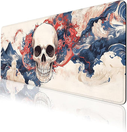 Japanese Skull Desk Mat Watercolor Wave Ocean Art Extended Gaming Mouse Pad Mat with Stitched Edge Non-Slip Base Big Mousepad 31.5"x11.8"